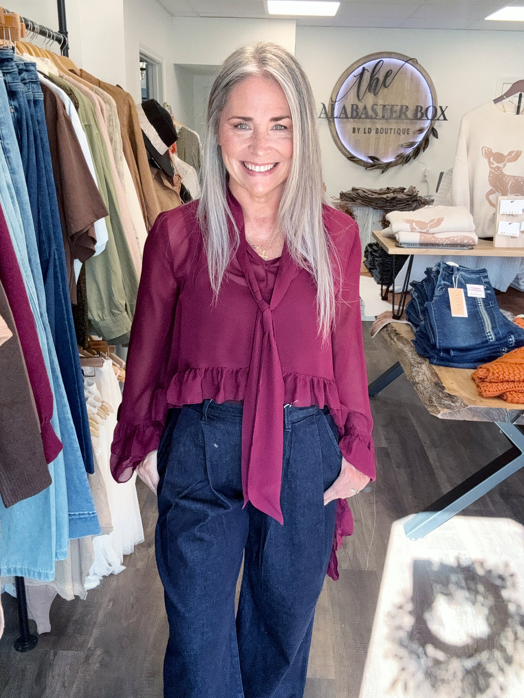 421 Merlot Bloom Ruffle Top