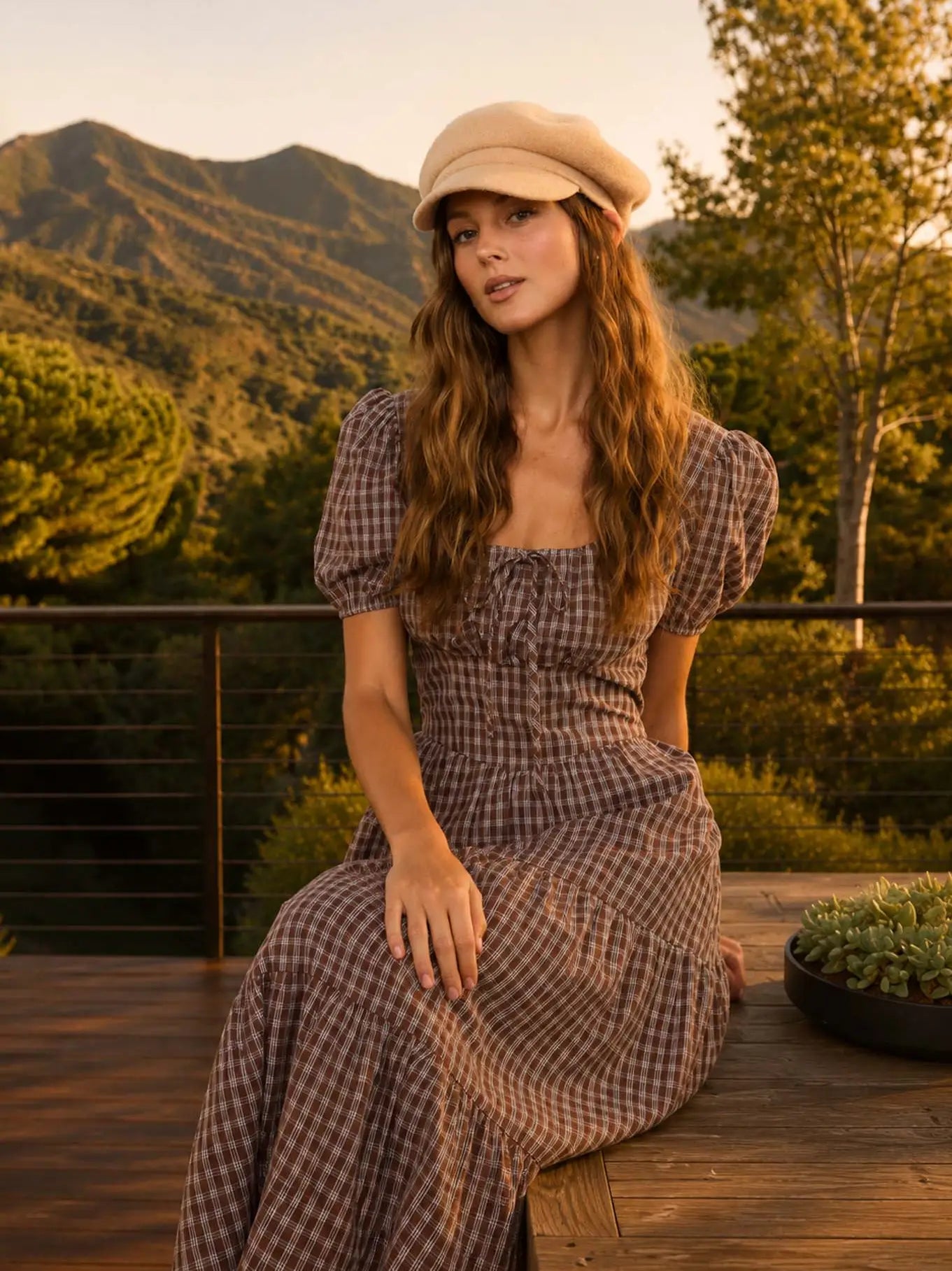 346 Plaid Puff Sleeve Corset Detail Tiered Midi Dress