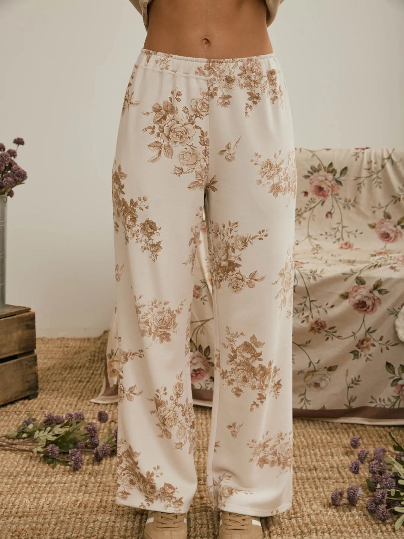345 Floral Toile Wide Leg Knit Lounge Pants