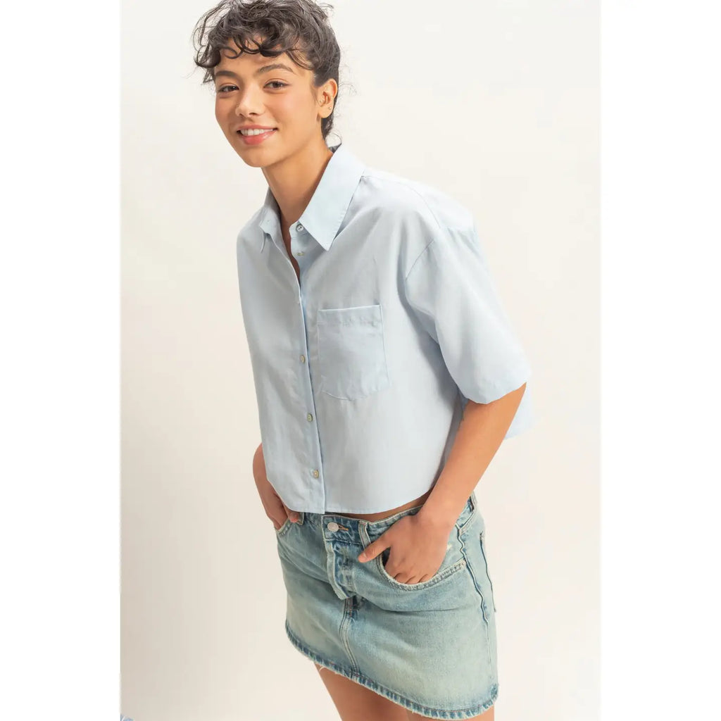 297 Linen Blend Crop Button Up Top