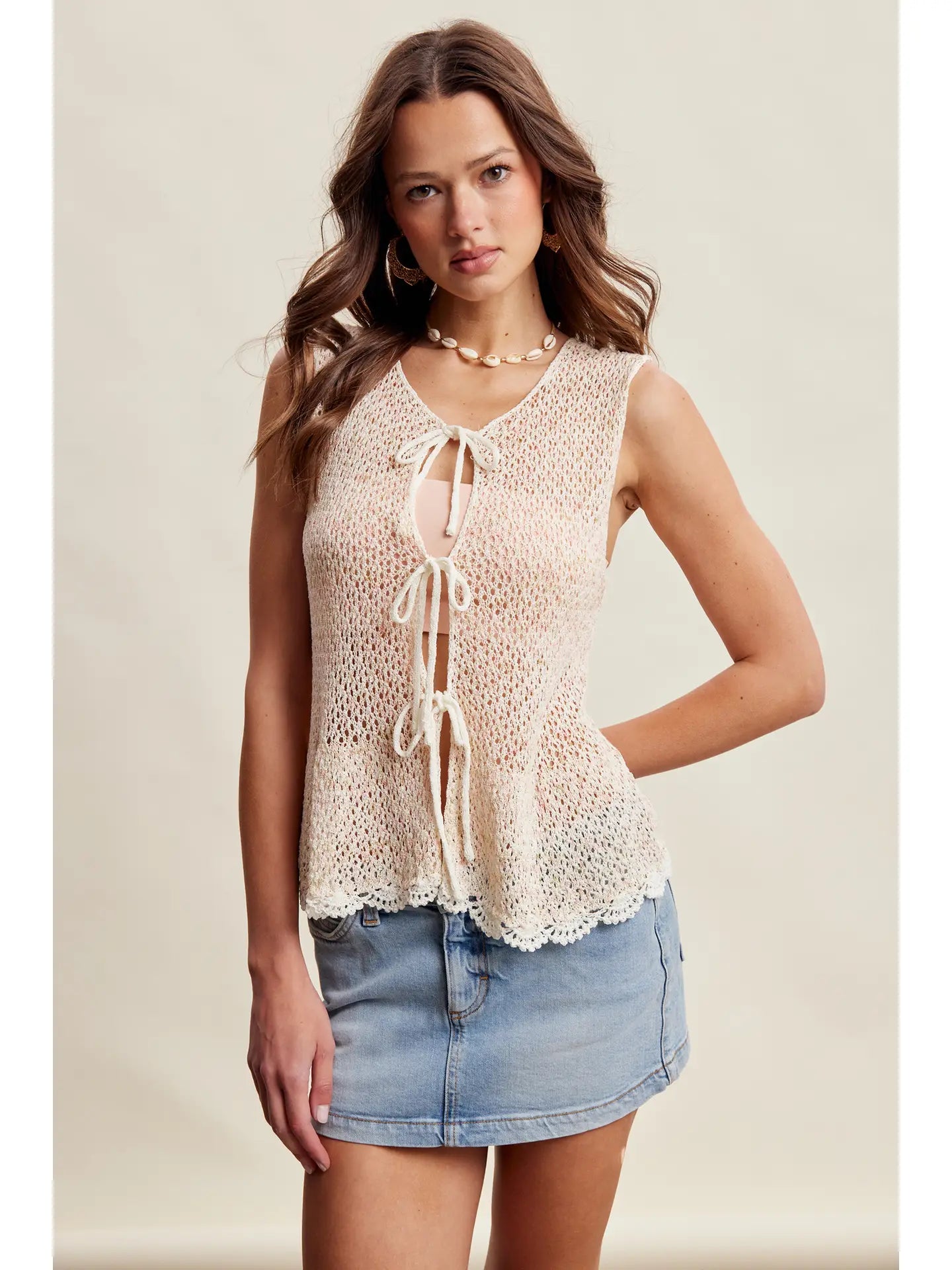 331 Crochet Tie Front Sleeveless Cardigan