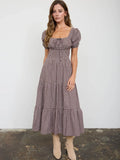 346 Plaid Puff Sleeve Corset Detail Tiered Midi Dress