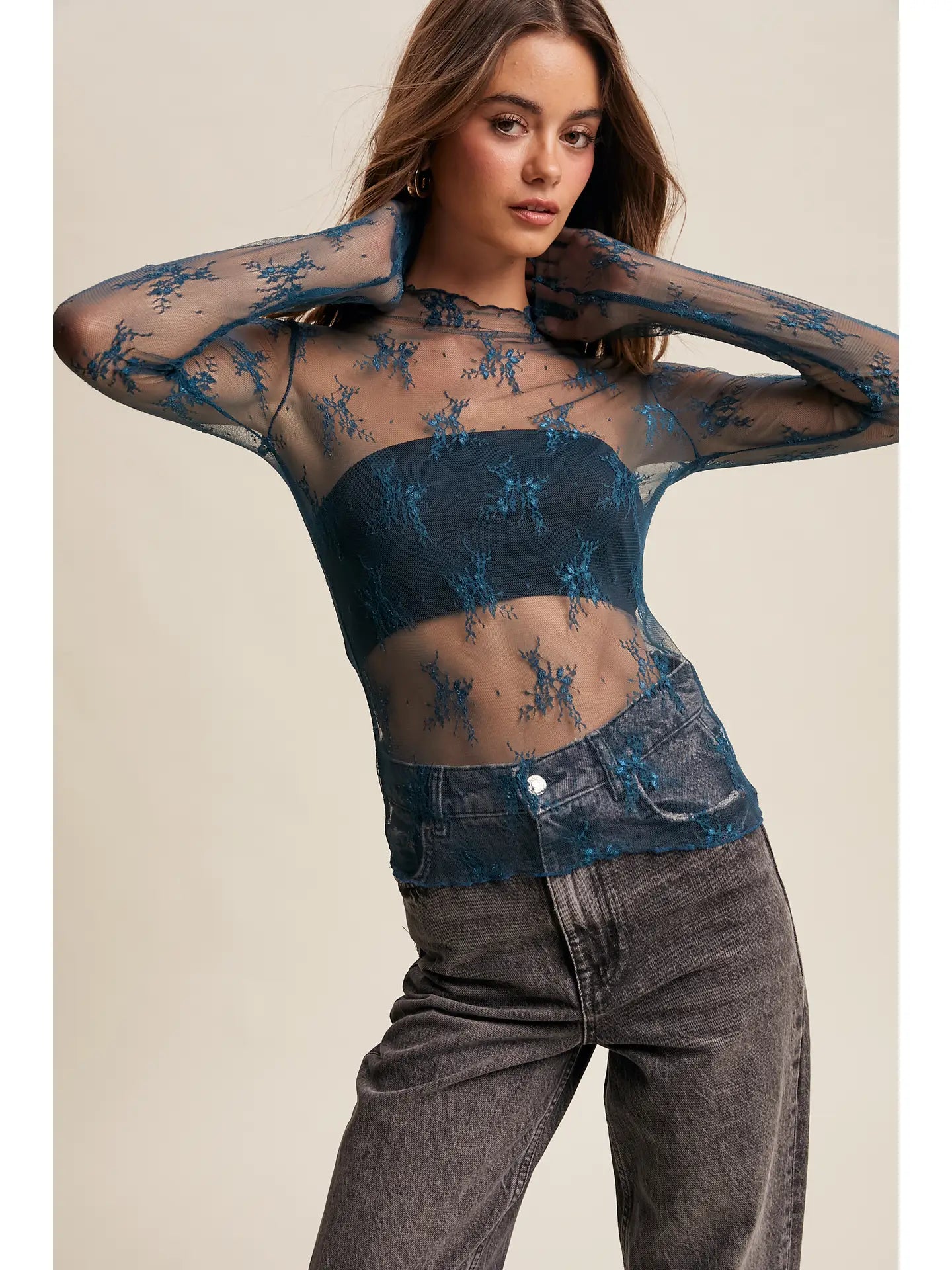 333 Dark Teal Sheer Lace Top