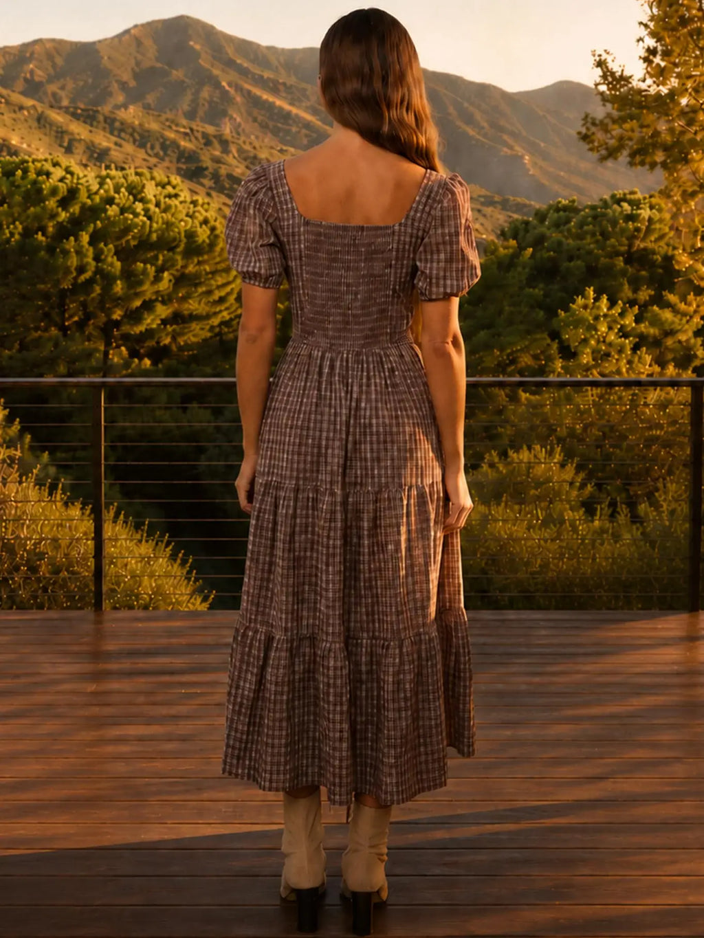 346 Plaid Puff Sleeve Corset Detail Tiered Midi Dress