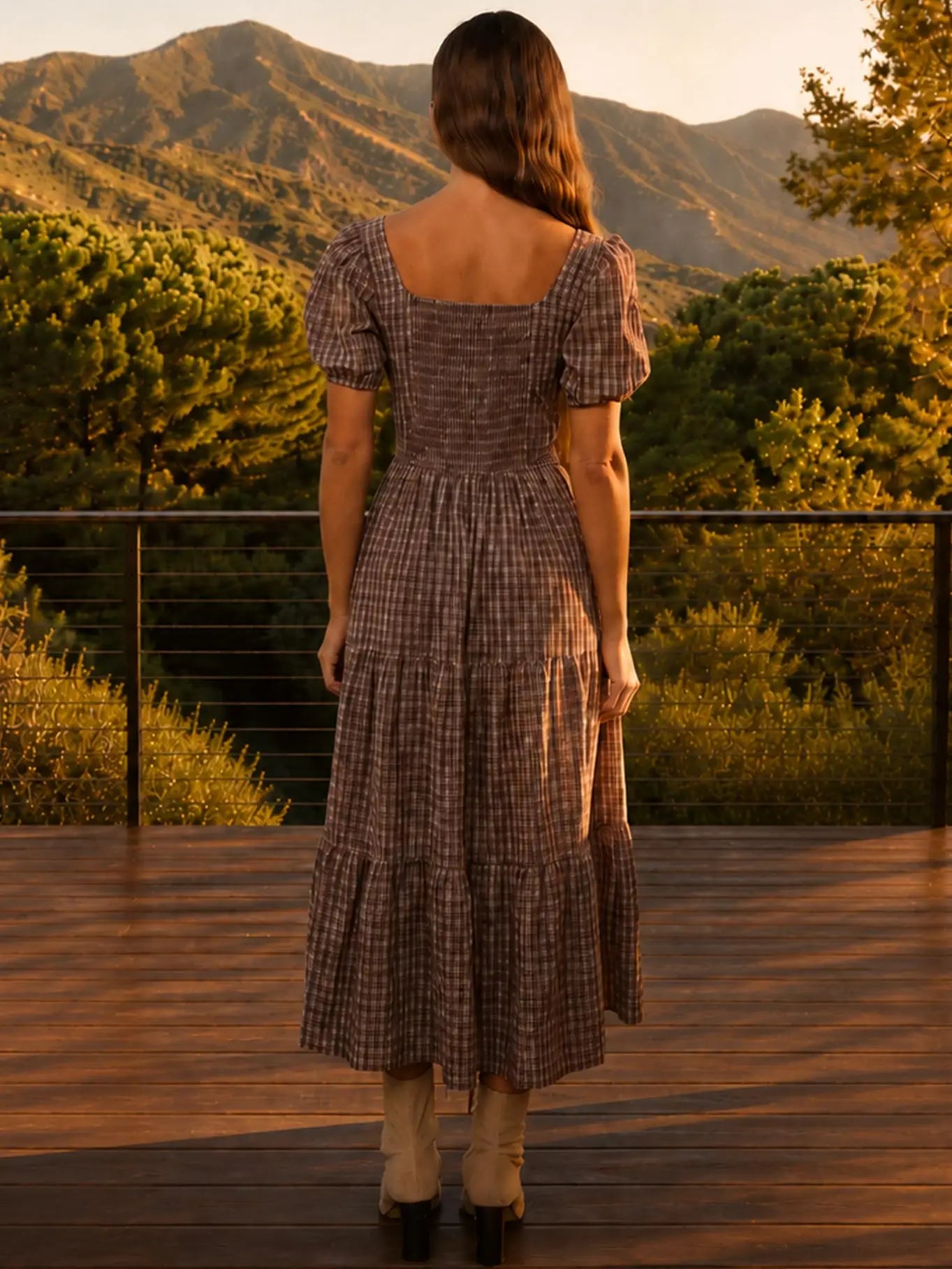 346 Plaid Puff Sleeve Corset Detail Tiered Midi Dress