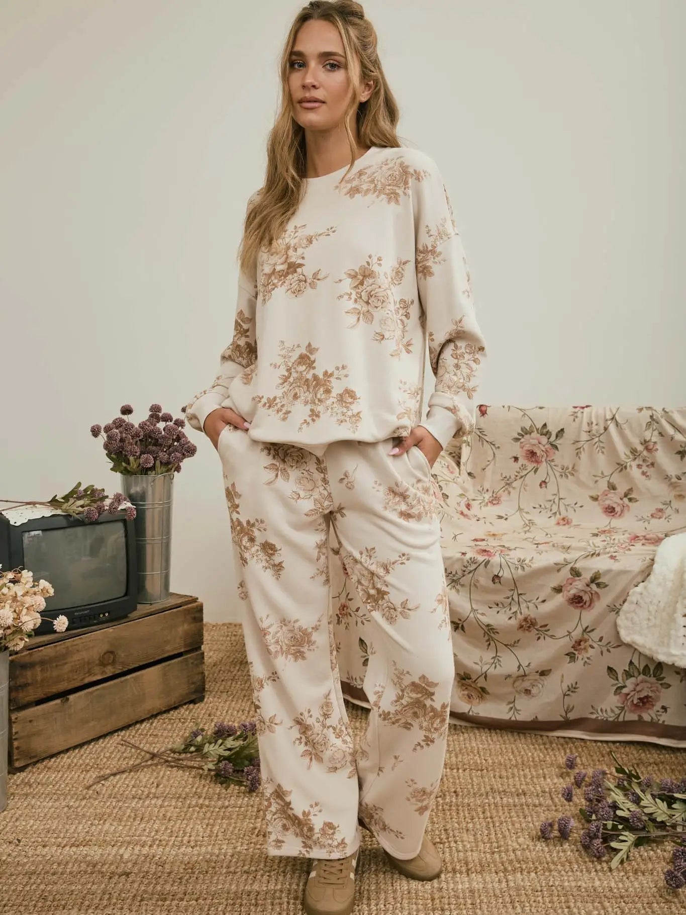 345 Floral Toile Wide Leg Knit Lounge Pants