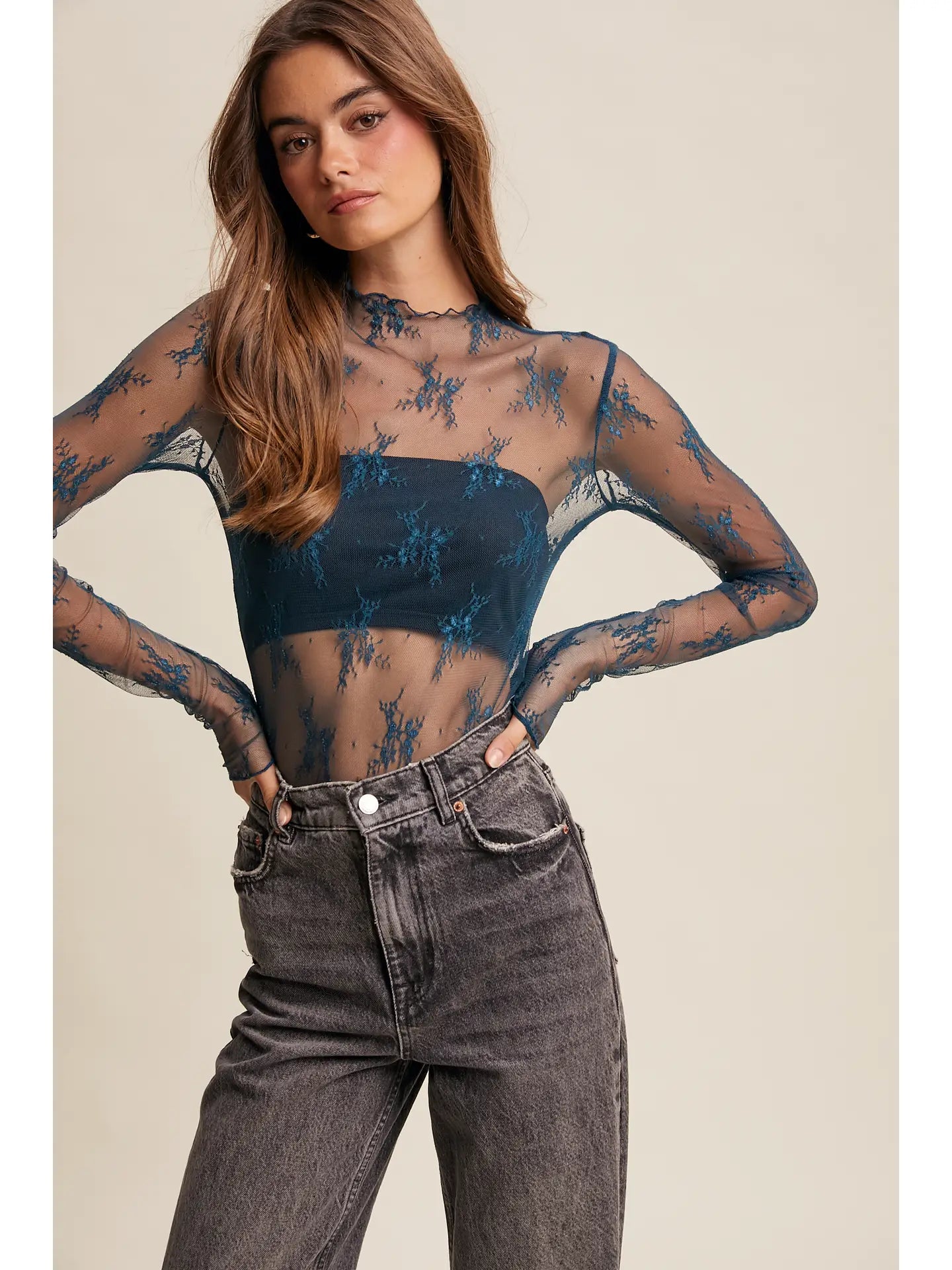 333 Dark Teal Sheer Lace Top