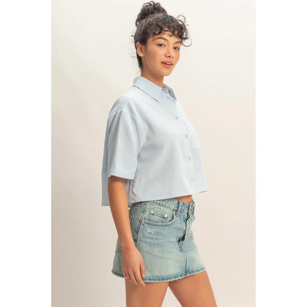 297 Linen Blend Crop Button Up Top