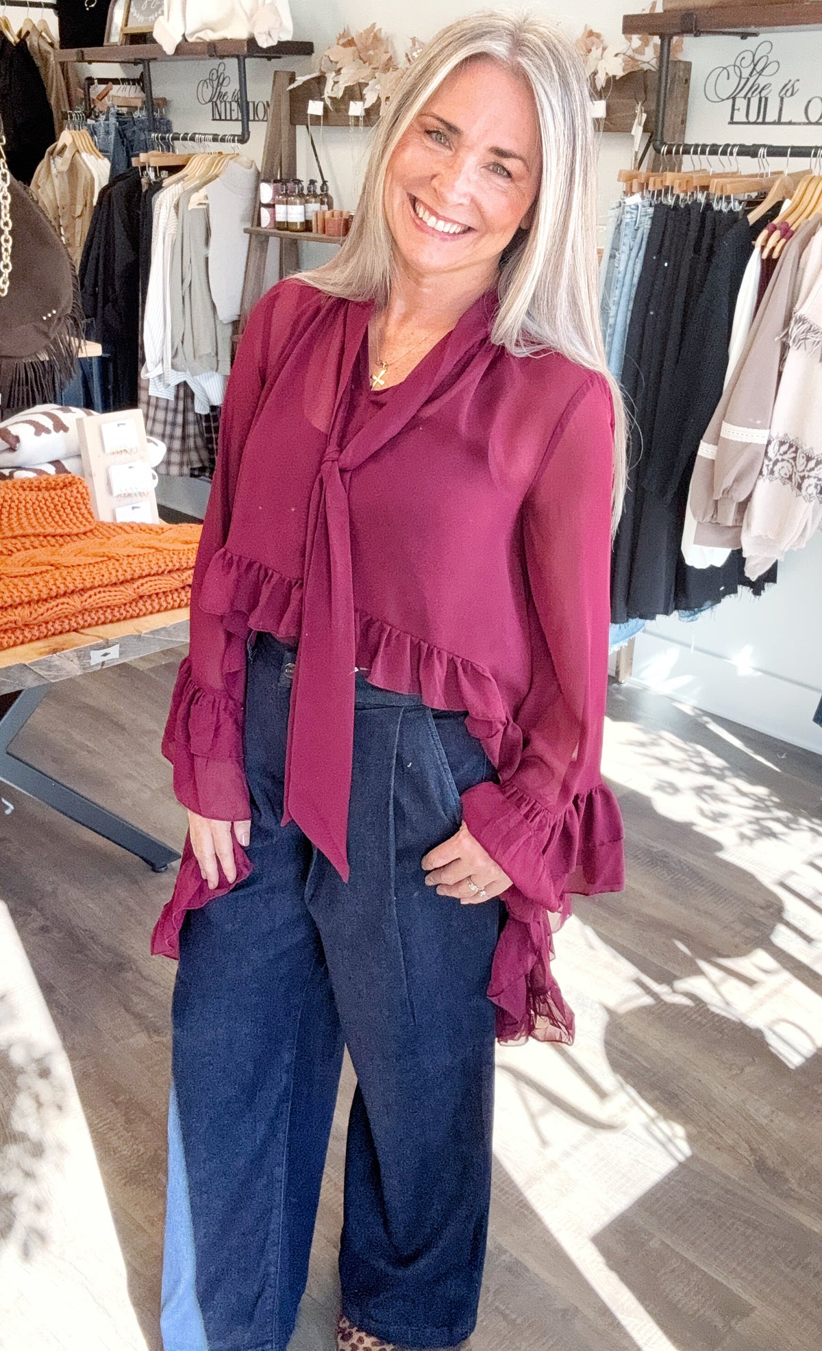 421 Merlot Bloom Ruffle Top