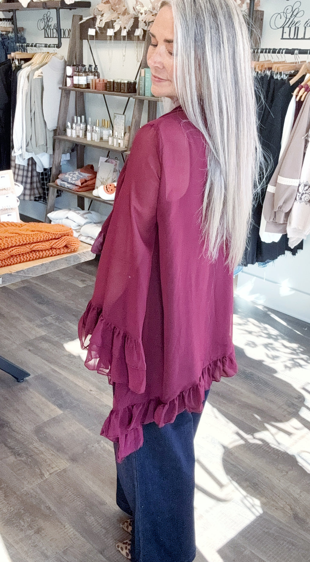 421 Merlot Bloom Ruffle Top