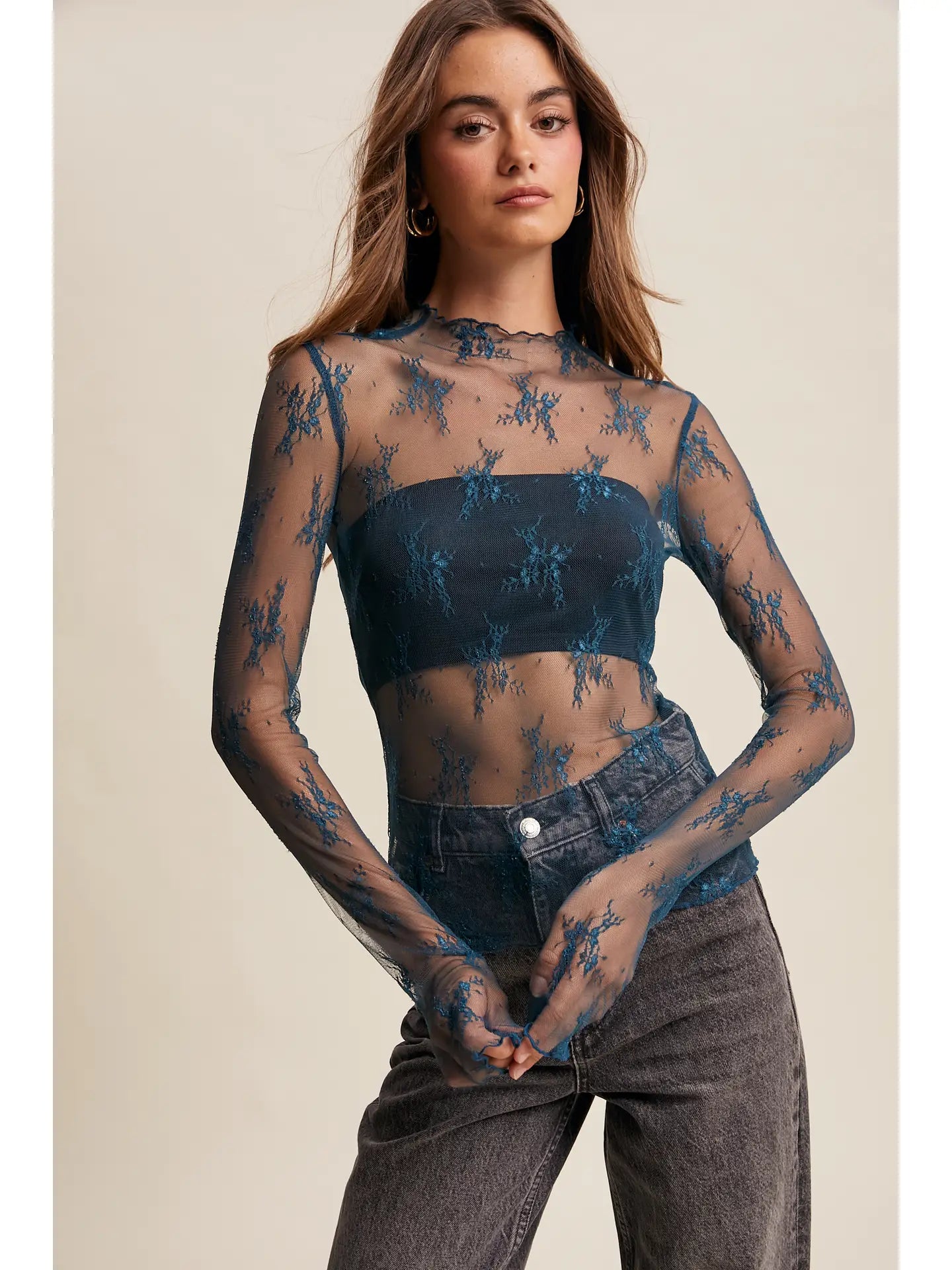 333 Dark Teal Sheer Lace Top