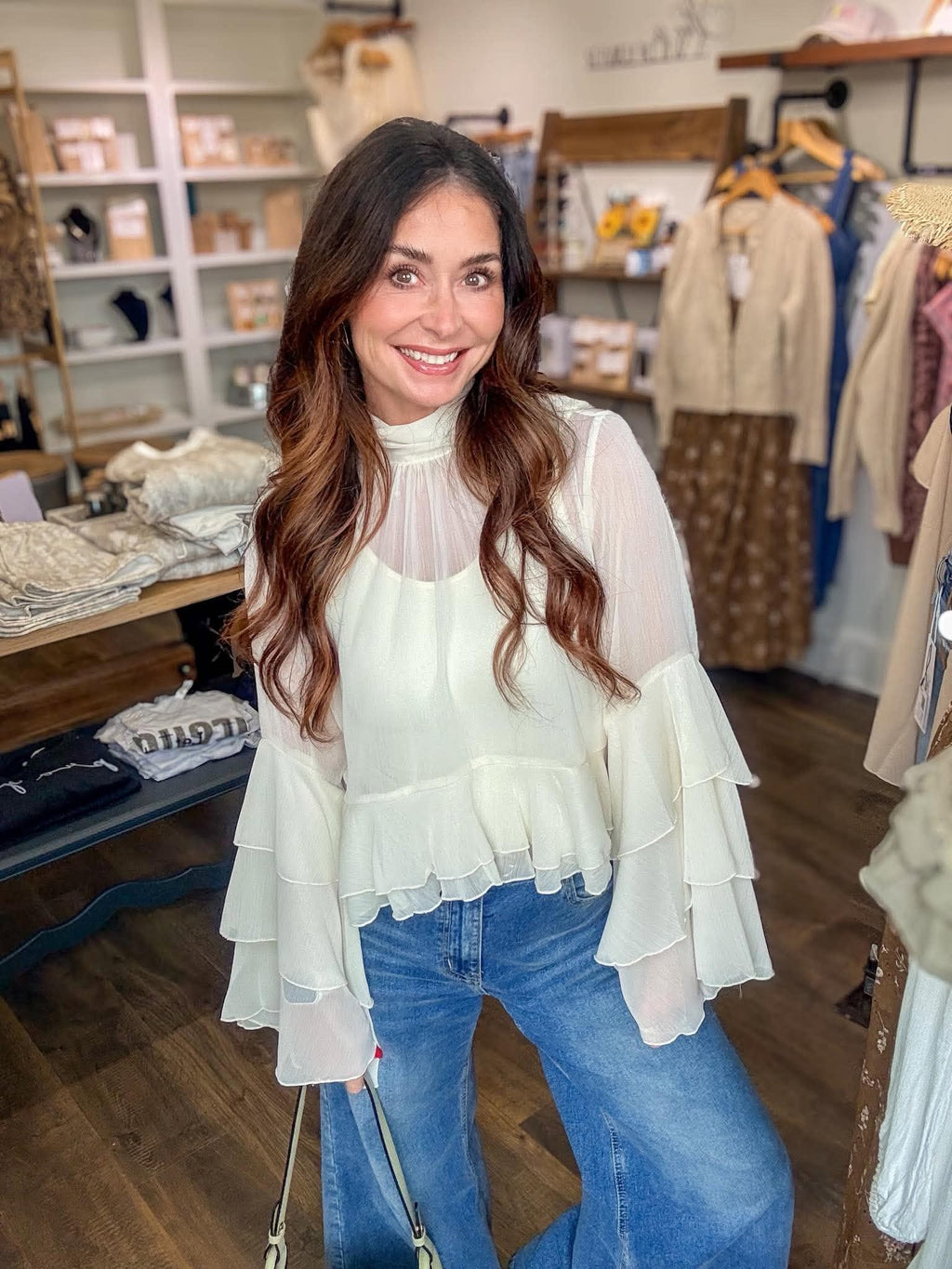 349 Chiffon Sheer Flowy Sleeve Top