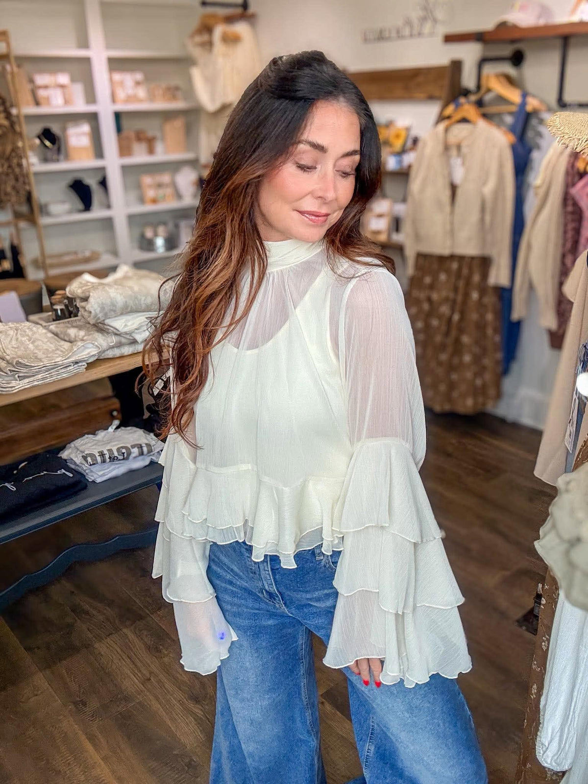 349 Chiffon Sheer Flowy Sleeve Top