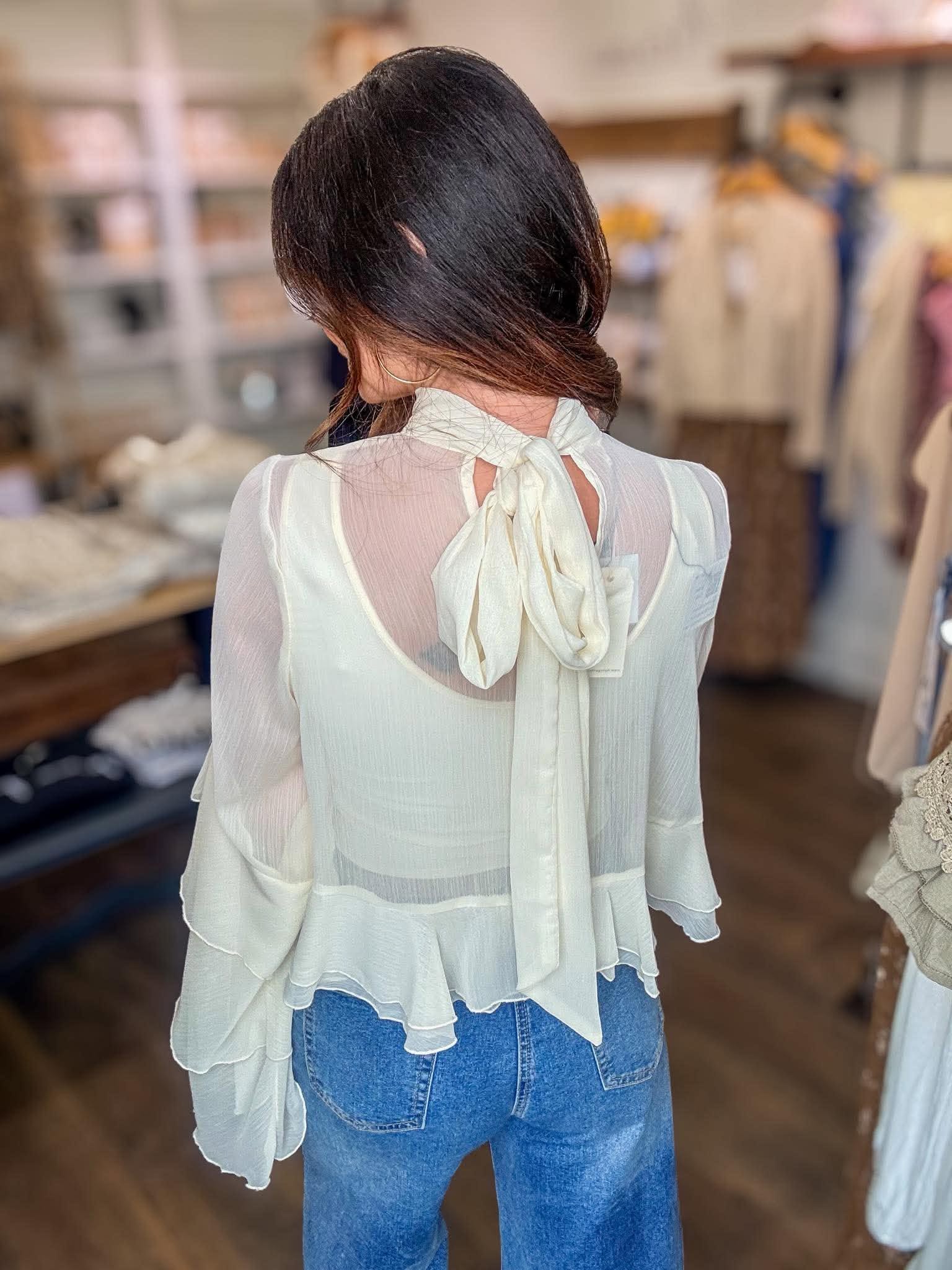 349 Chiffon Sheer Flowy Sleeve Top