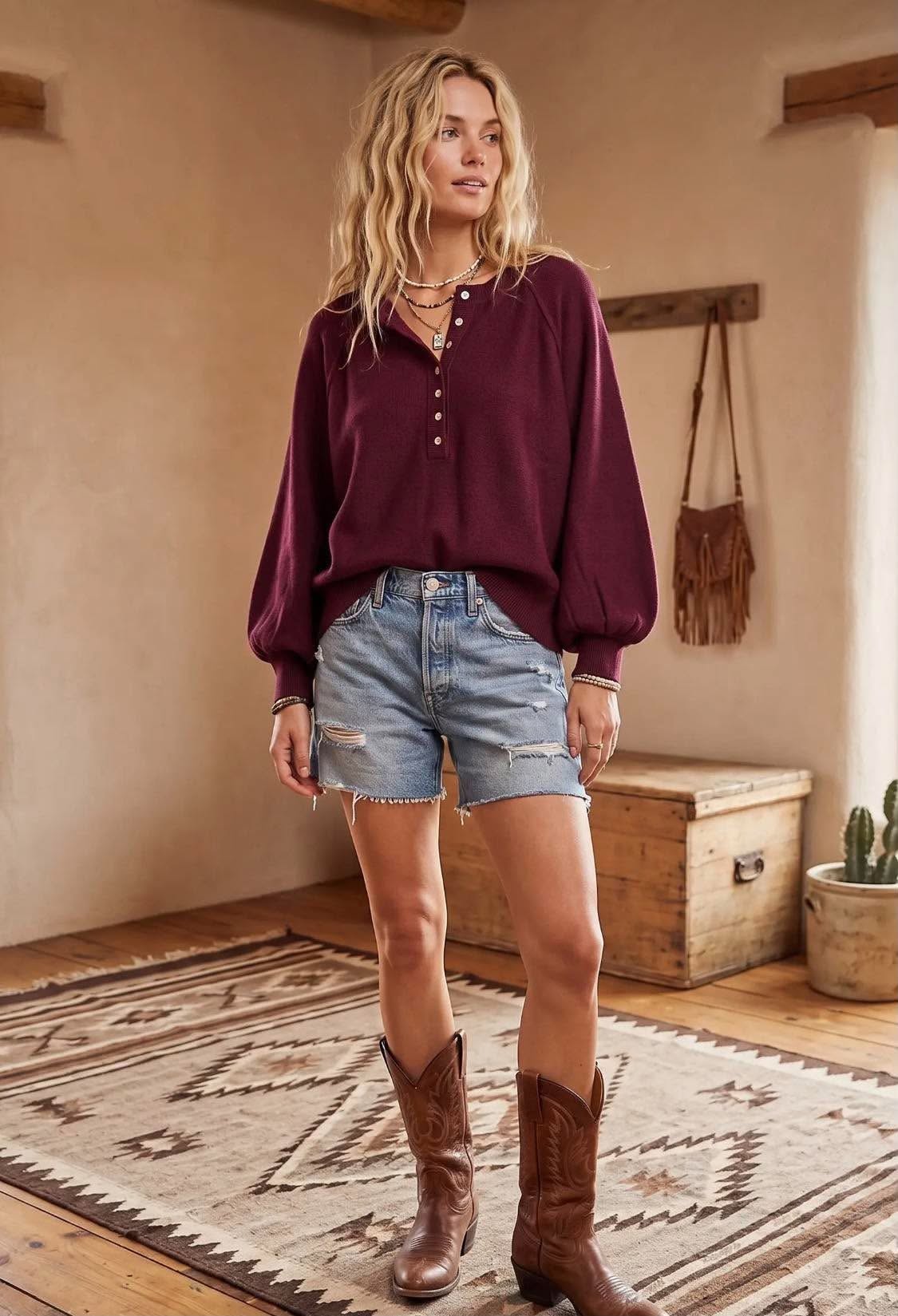 357 Burgandy Soft Knit Henley Sweater