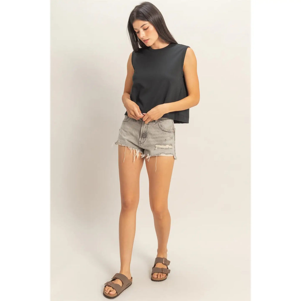 303 Sleeveless Crew Neck Top with Back Pleats