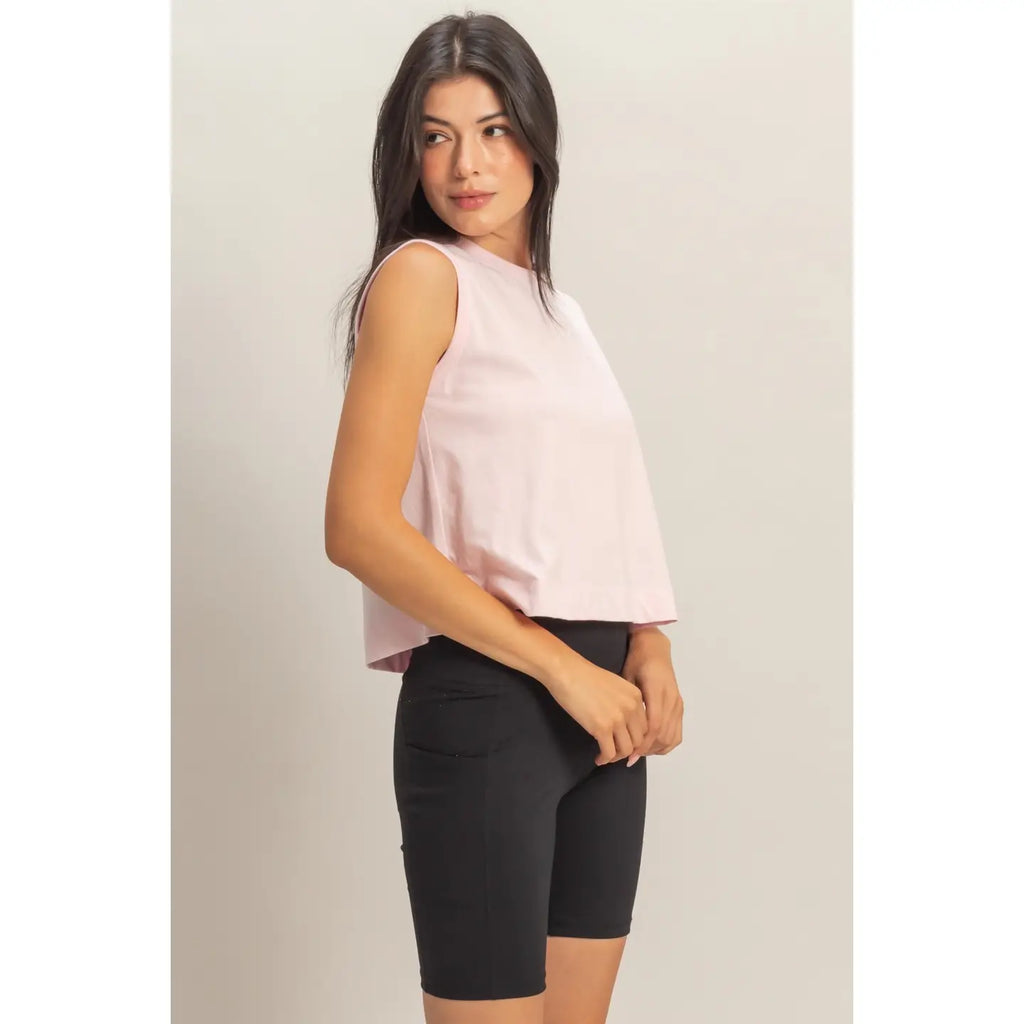 303 Sleeveless Crew Neck Top with Back Pleats