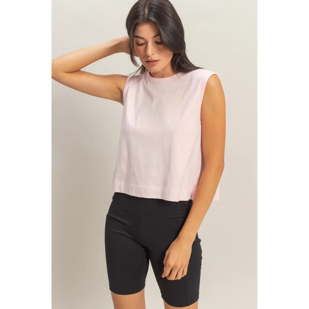 303 Sleeveless Crew Neck Top with Back Pleats
