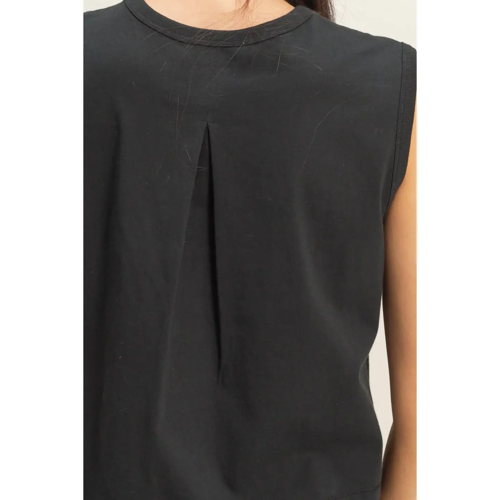 303 Sleeveless Crew Neck Top with Back Pleats