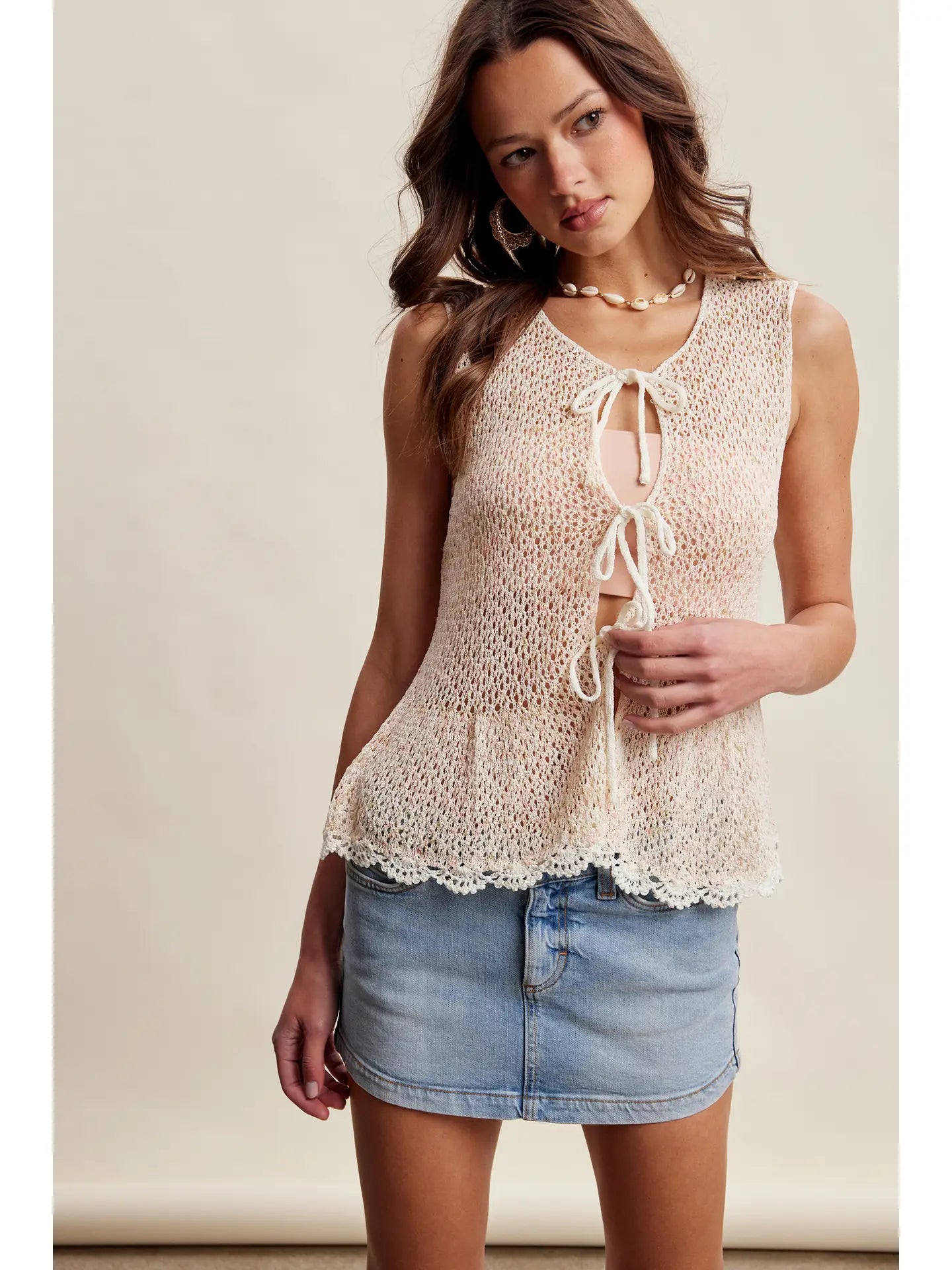 331 Crochet Tie Front Sleeveless Cardigan