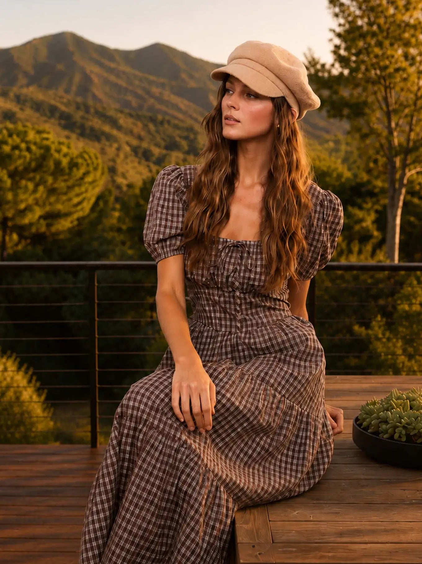 346 Plaid Puff Sleeve Corset Detail Tiered Midi Dress