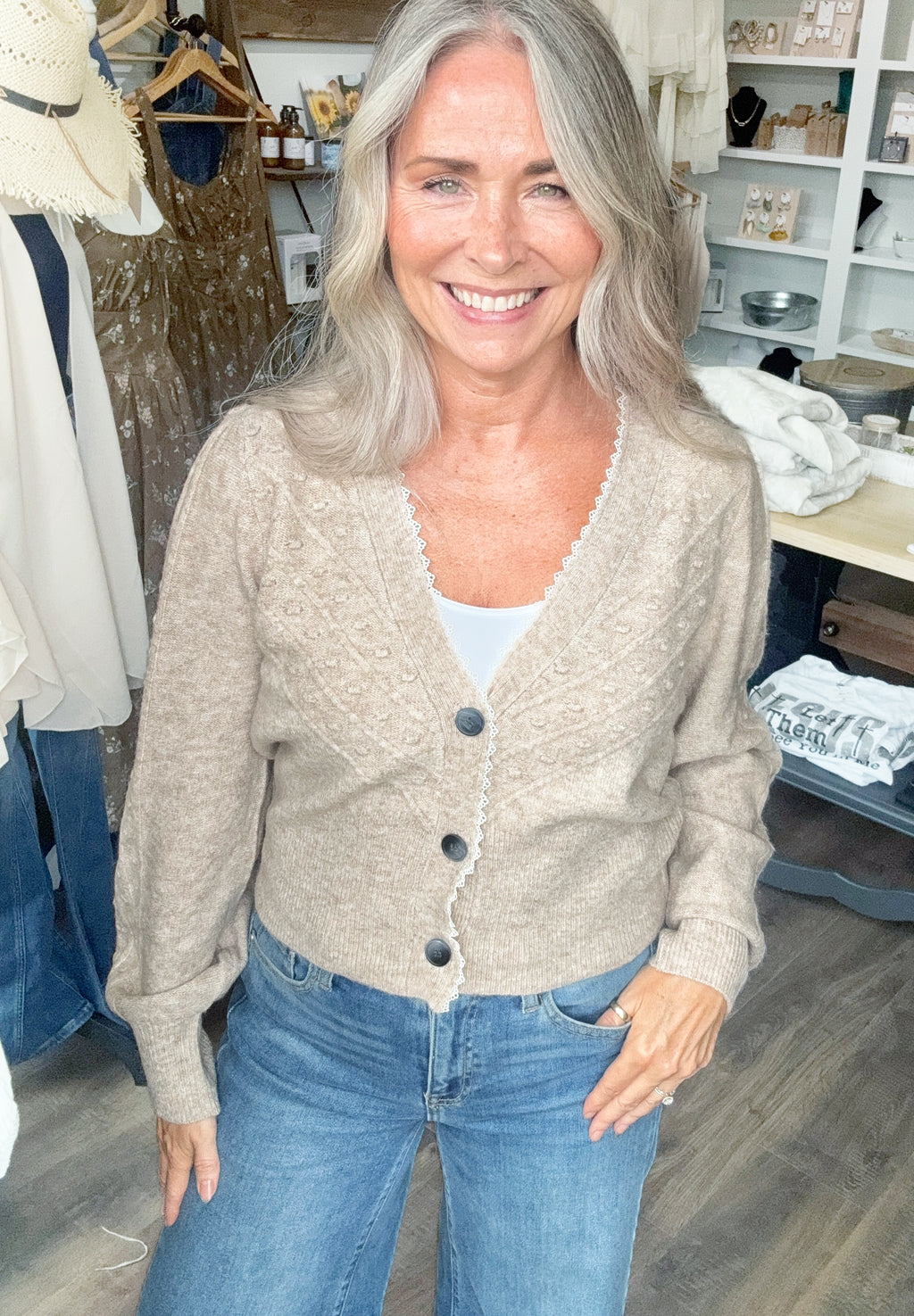 369 Lace Trim Button Down Cardigan
