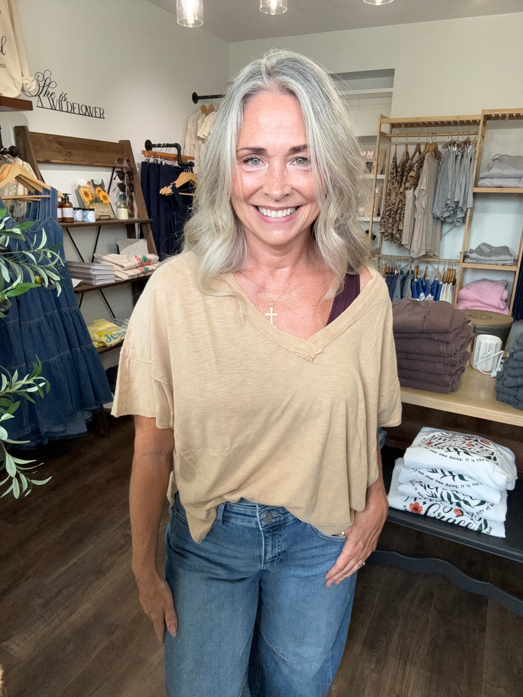314 Khaki Crop V Neck