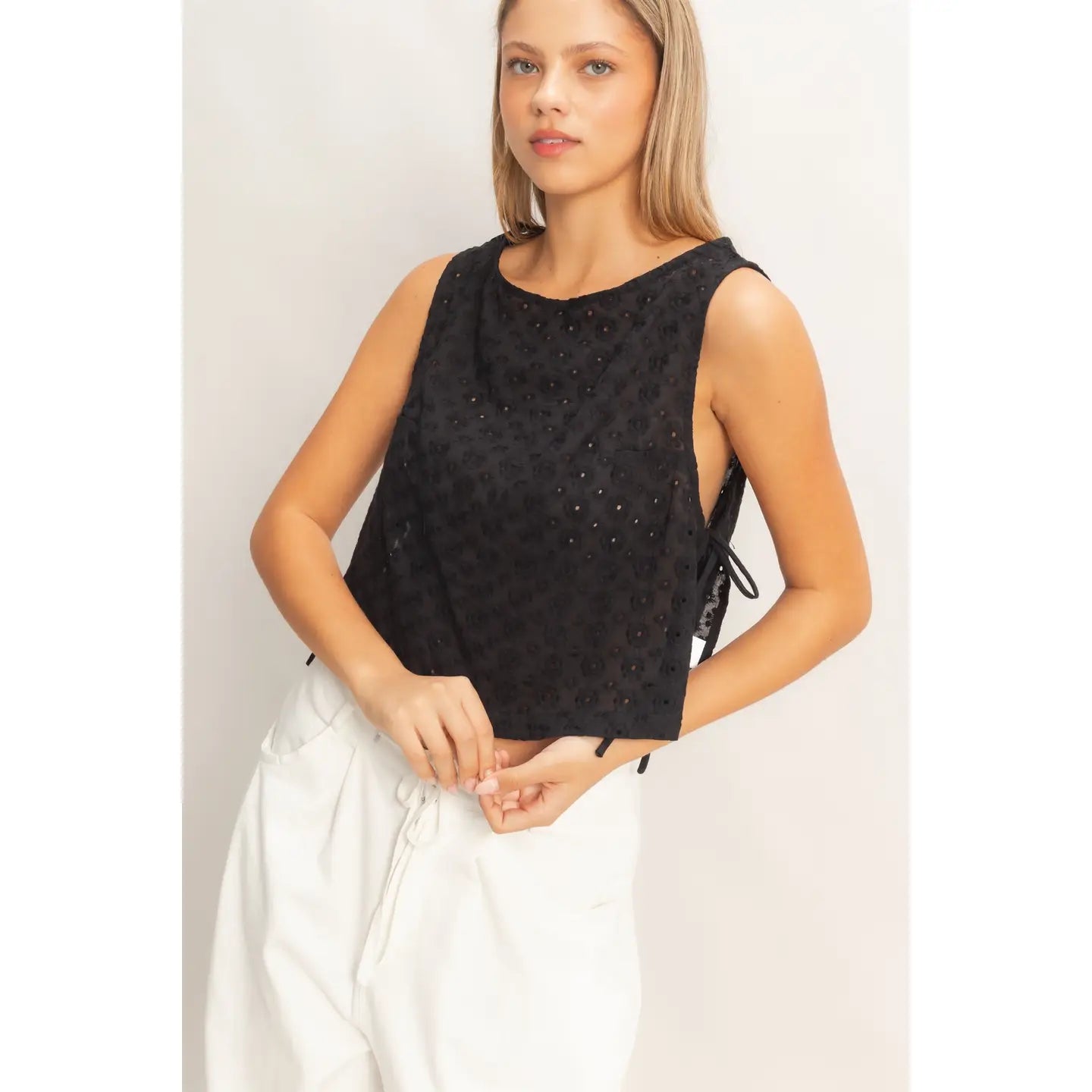 304 Sleeveless Textured Eyelet Top with Side Straps