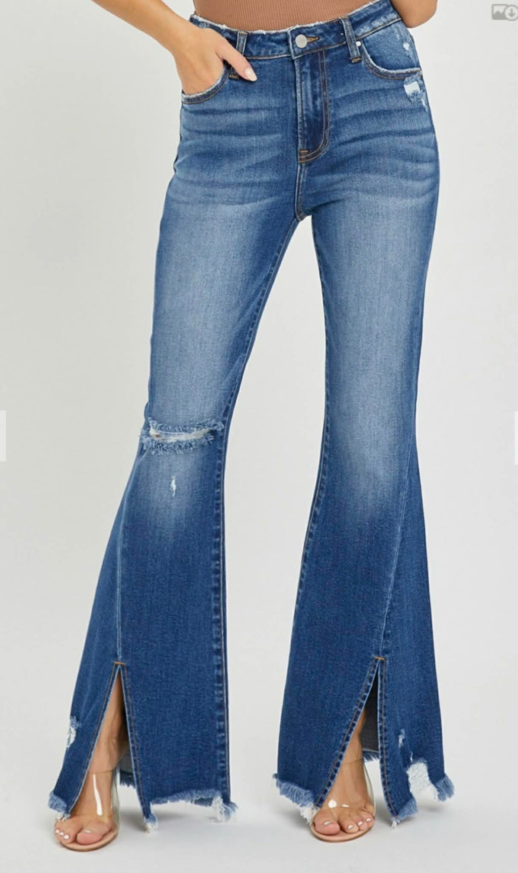 99 High Rise Slit Flare Hem Denim Jeans