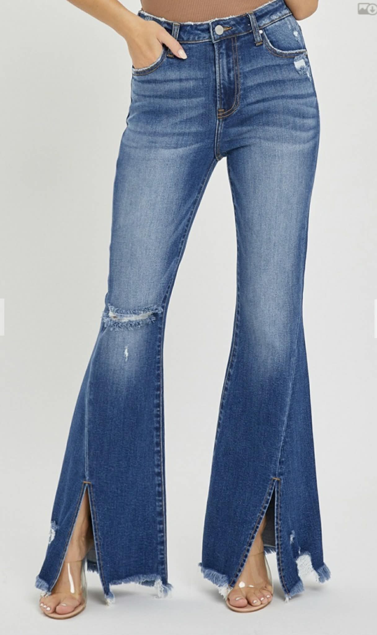 99 High Rise Slit Flare Hem Denim Jeans