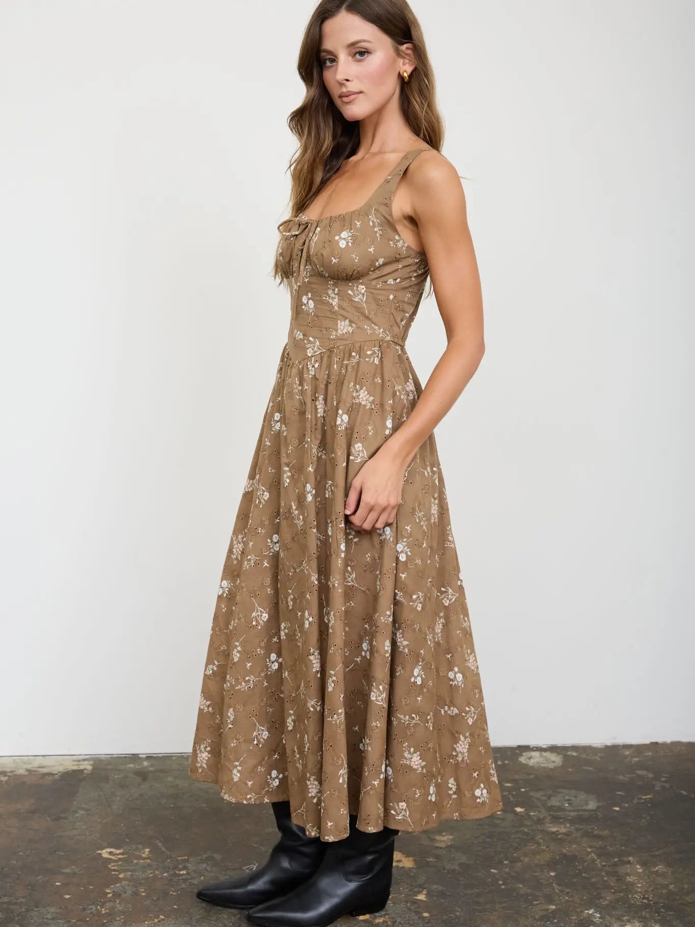341 Floral Eyelet Tie Front Corset Midi Dress