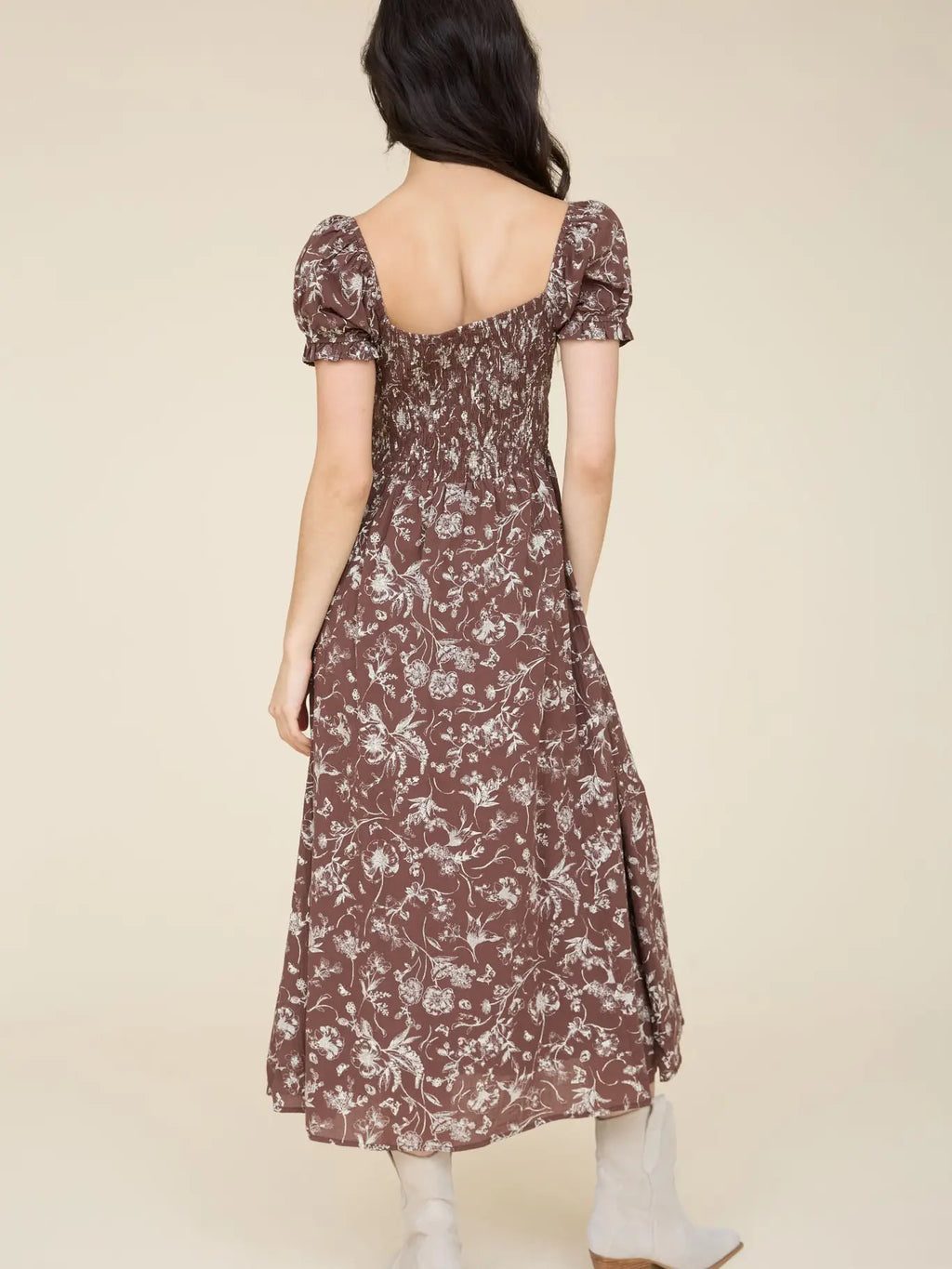 342 Floral Toile Front Tie Smocked Midi Dress
