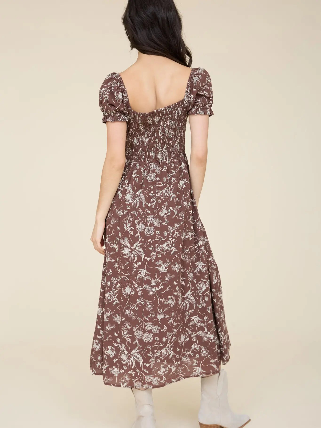 342 Floral Toile Front Tie Smocked Midi Dress