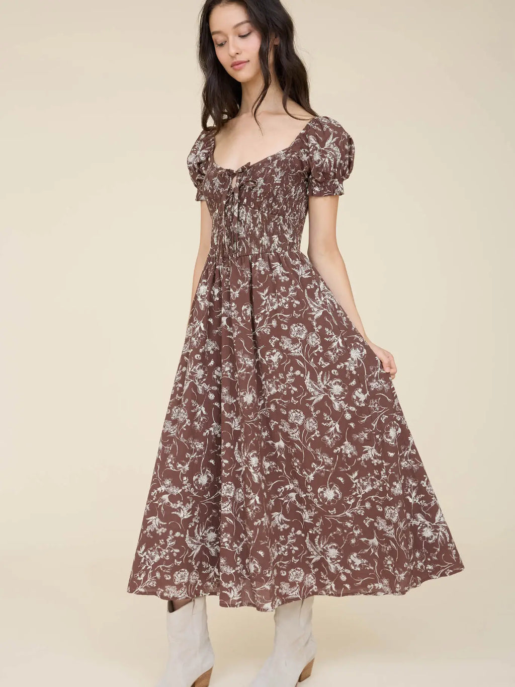 342 Floral Toile Front Tie Smocked Midi Dress