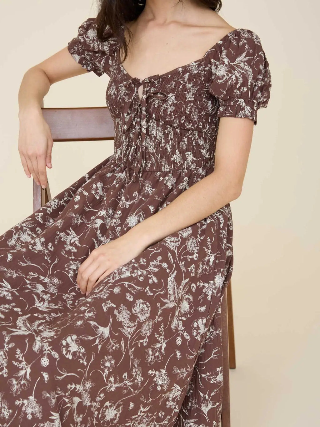 342 Floral Toile Front Tie Smocked Midi Dress