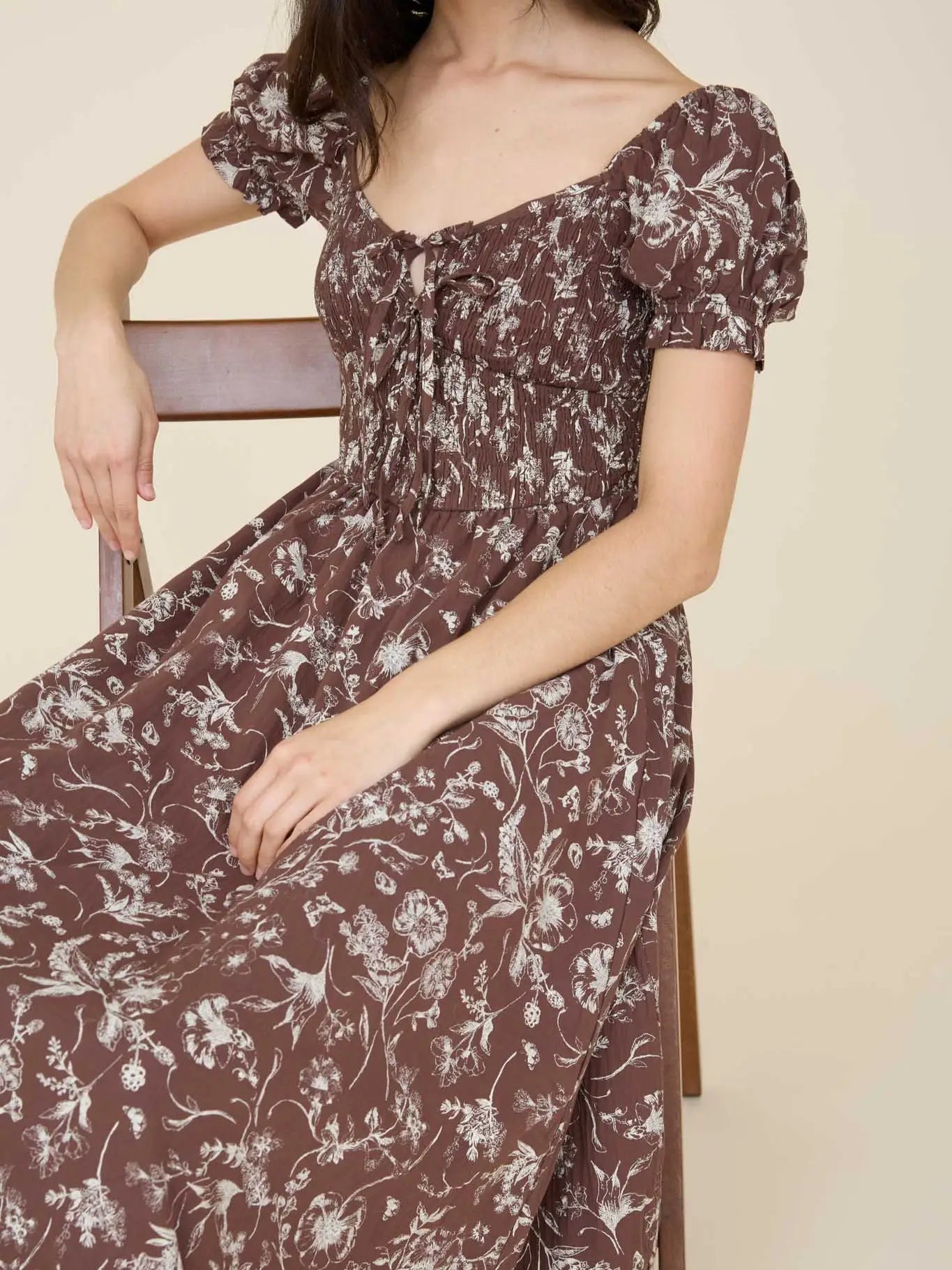 342 Floral Toile Front Tie Smocked Midi Dress