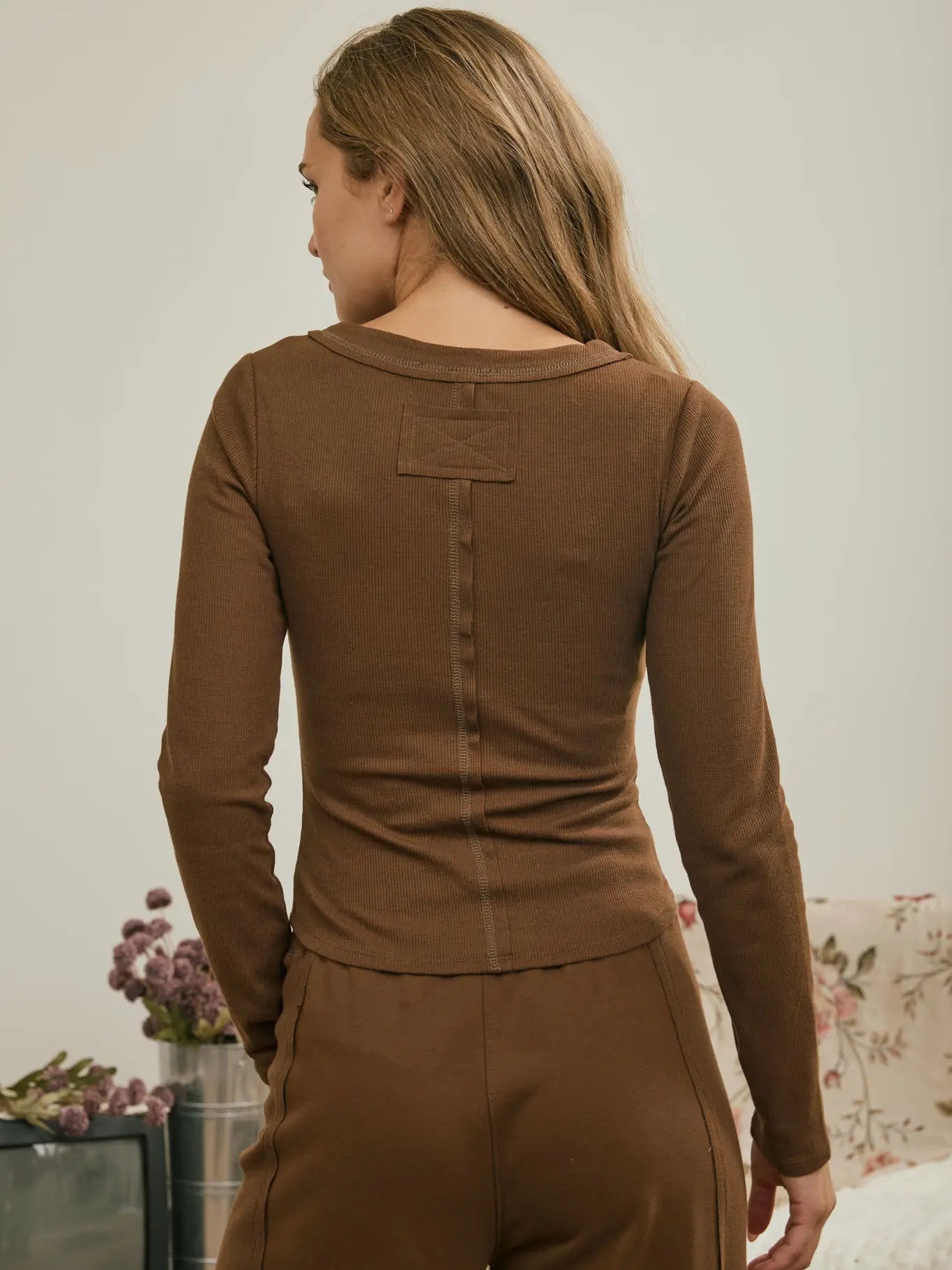 340 Fitted Long Sleeve Ribbed Henley Knit Top