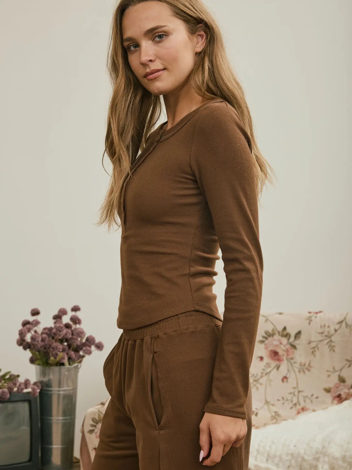 340 Fitted Long Sleeve Ribbed Henley Knit Top