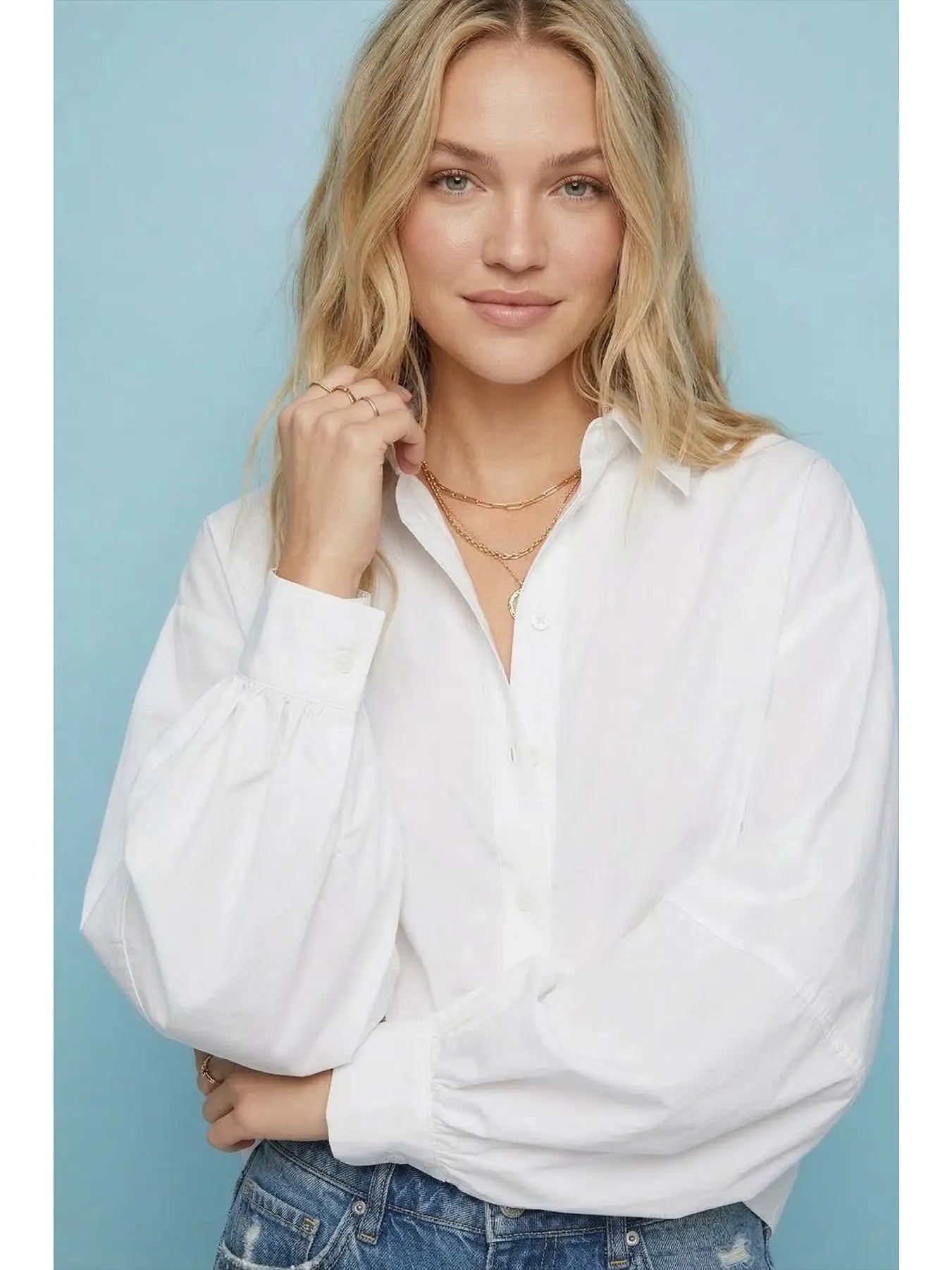 328 White Balloon Sleeve Button Down