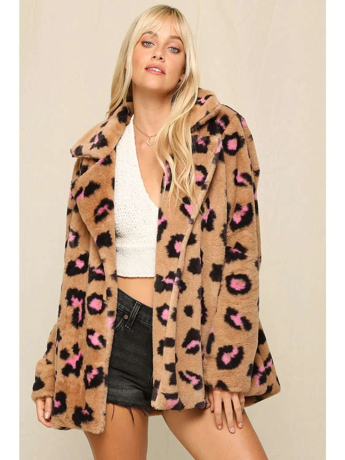 15 Shaggy Faux Shearling Animal Print Coat