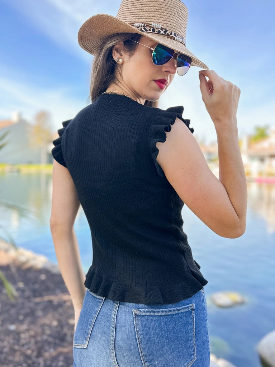 198 Black Ribbed Ruffle Sleeveless Top