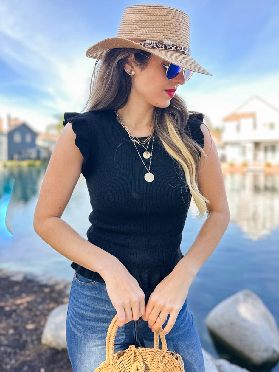 198 Black Ribbed Ruffle Sleeveless Top