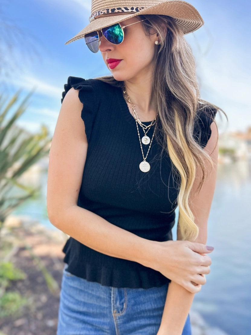 198 Black Ribbed Ruffle Sleeveless Top