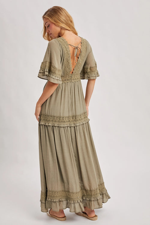 162 V-Neck Lace Trim Maxi Dress