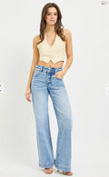 154 Tummy Control High Rise Wide Leg Jeans with Bow Waistband