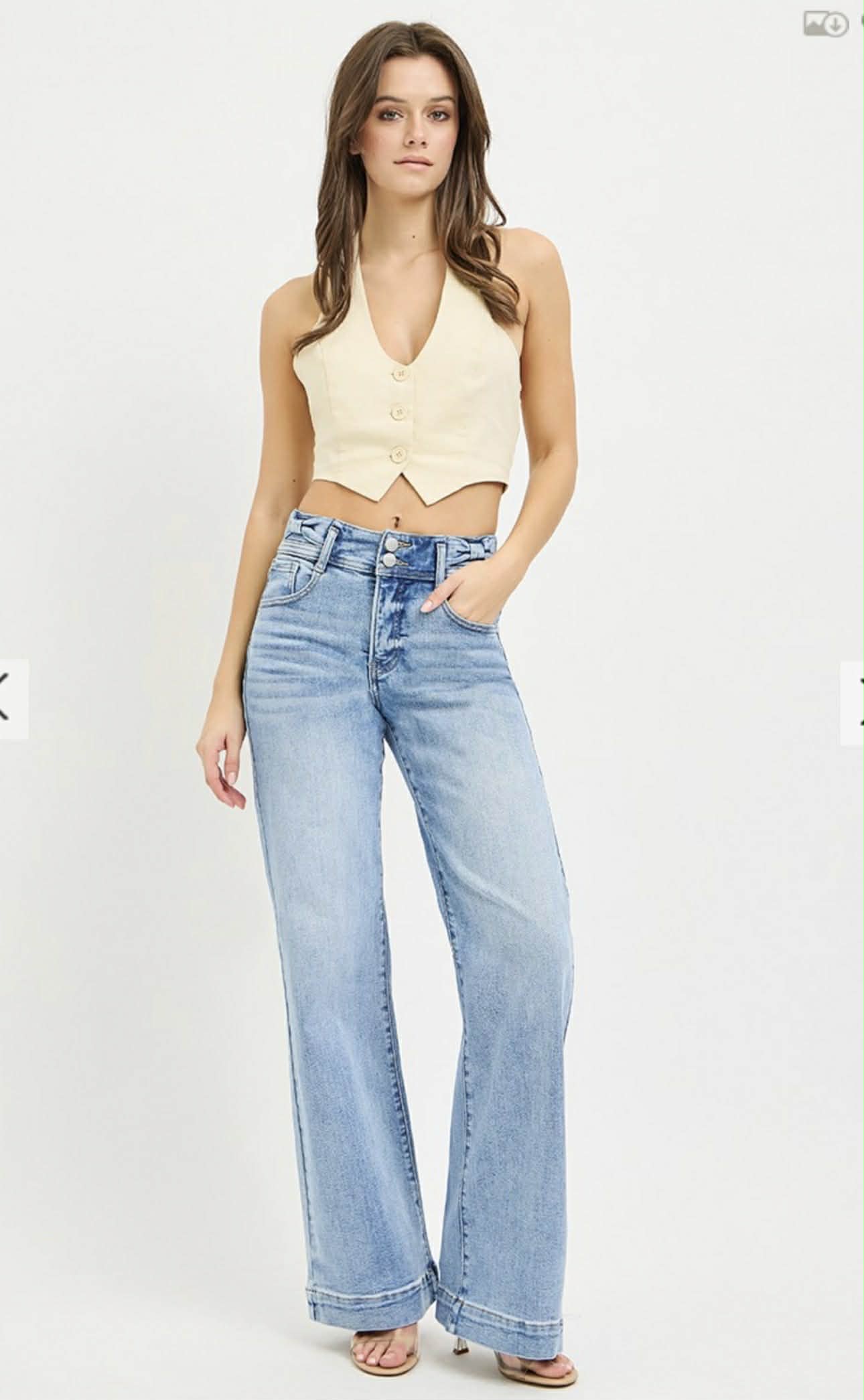 154 Tummy Control High Rise Wide Leg Jeans with Bow Waistband