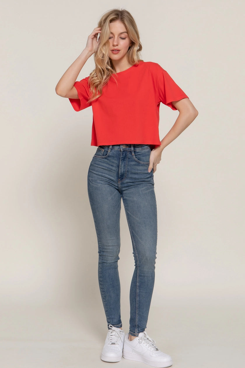 Short Sleeve Crew Neck Oversize Crop Cotton Knit Tee