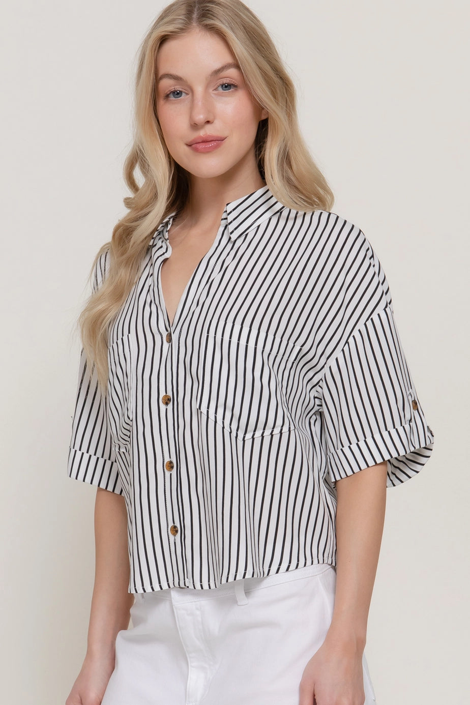 190 Striped Button Up Collared Top