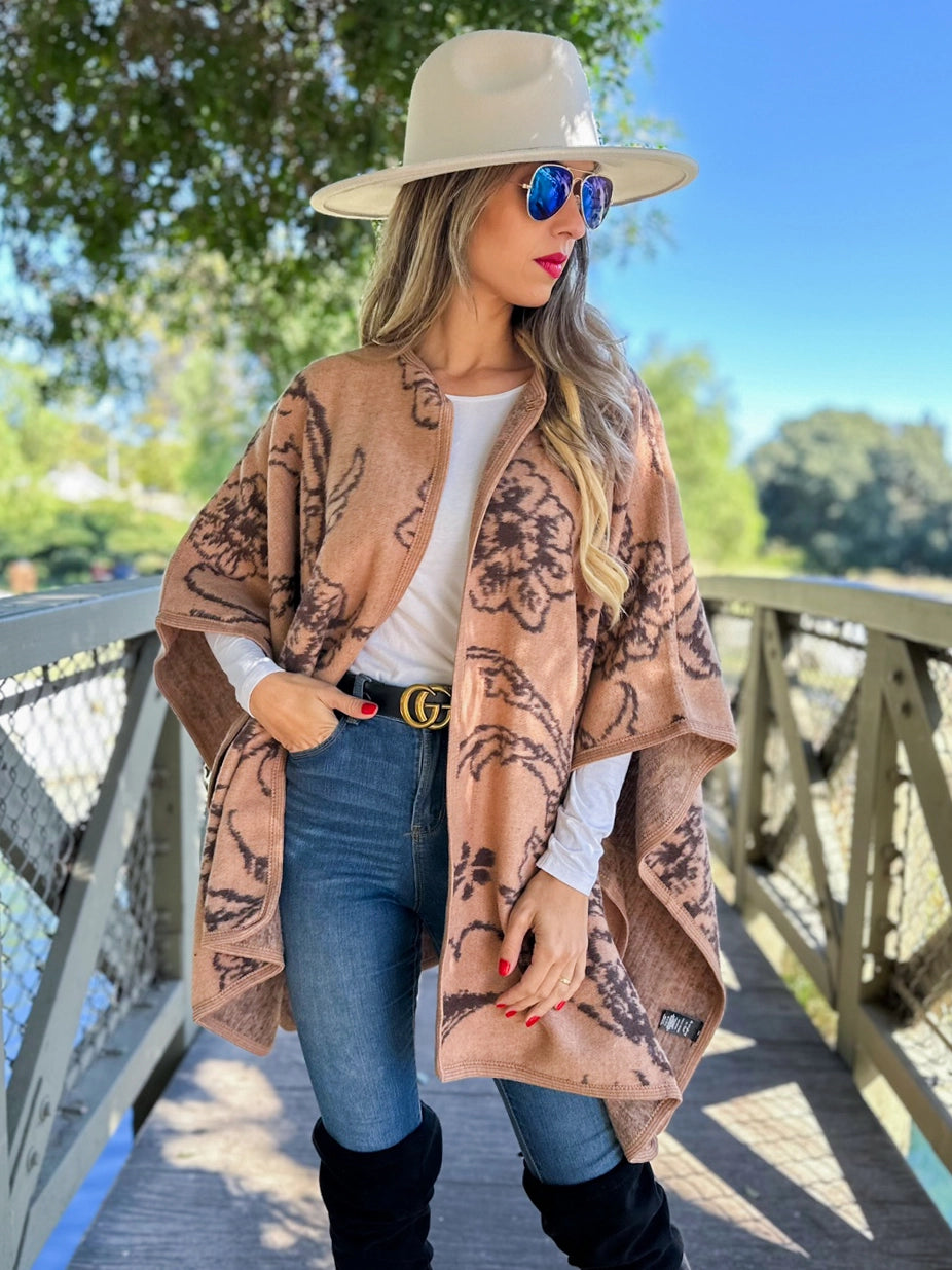149 Camel Elegant Floral Print Cape Shawl Cardigan