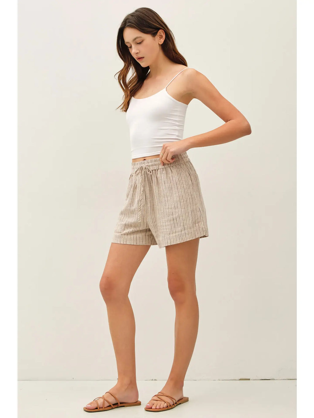 Linen Blend Striped Pull On Shorts 230
